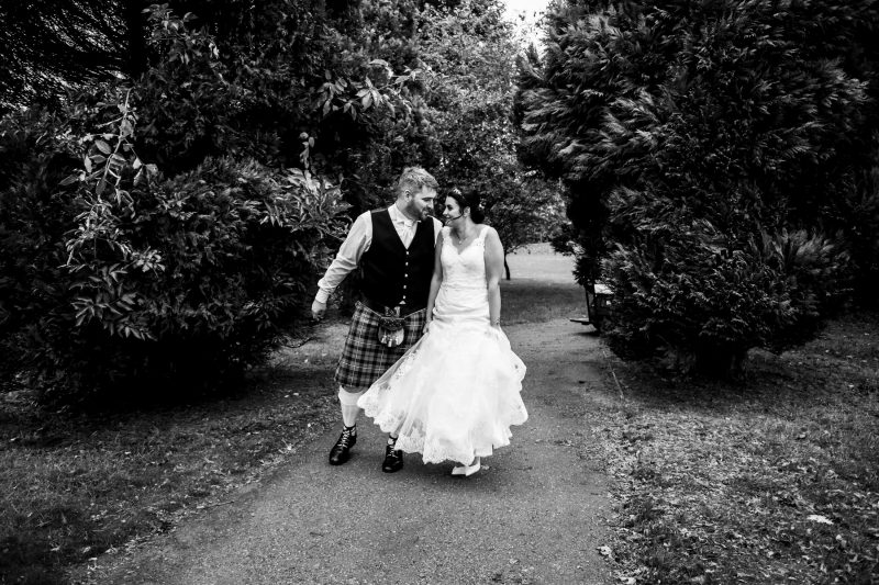 Black and white wedding couple photo