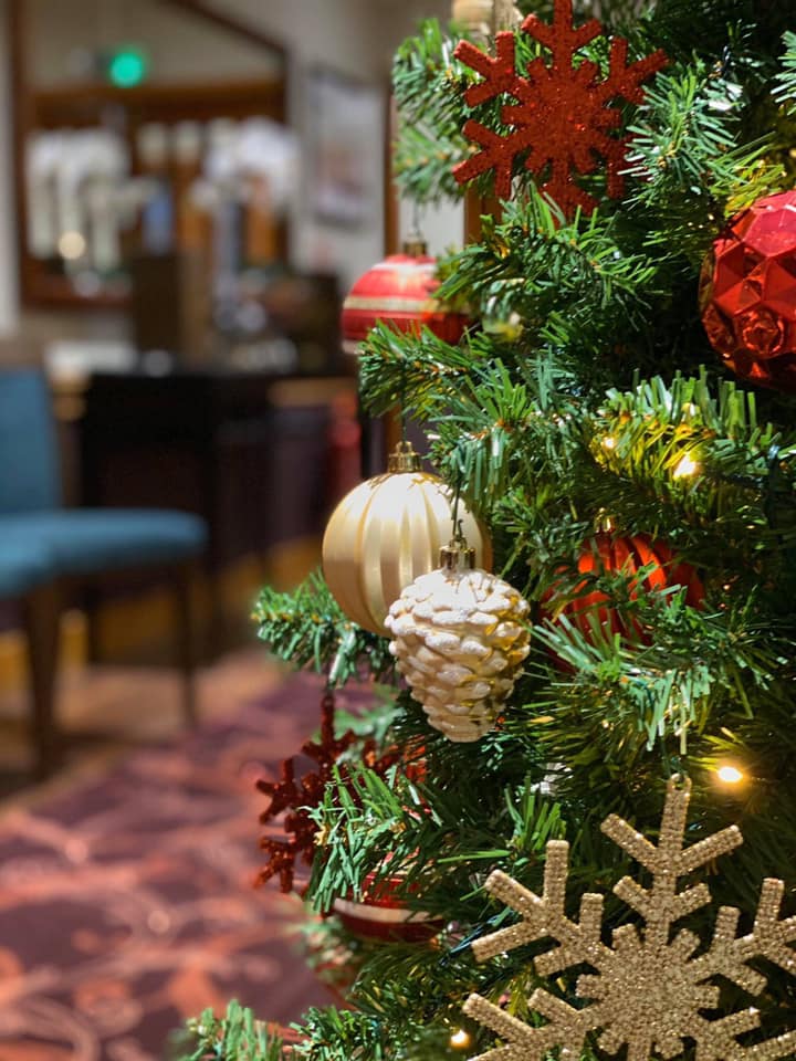 a close up of a hotel christmas tree